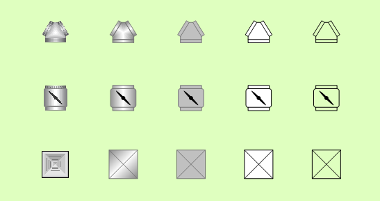 Example rigid part draw styles: Icon, 3D, Filled, Filled Bold, and Outline